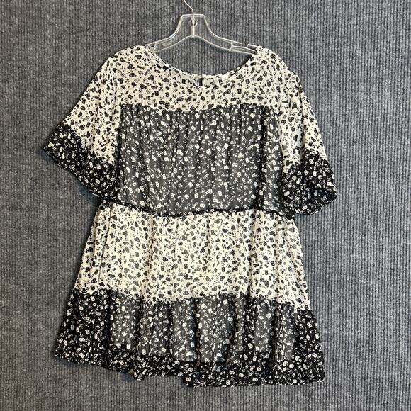 Cato Womens Tiered Blouse Size Large Boho Short Sleeve Black White Short Sleeve - Picture 1 of 6